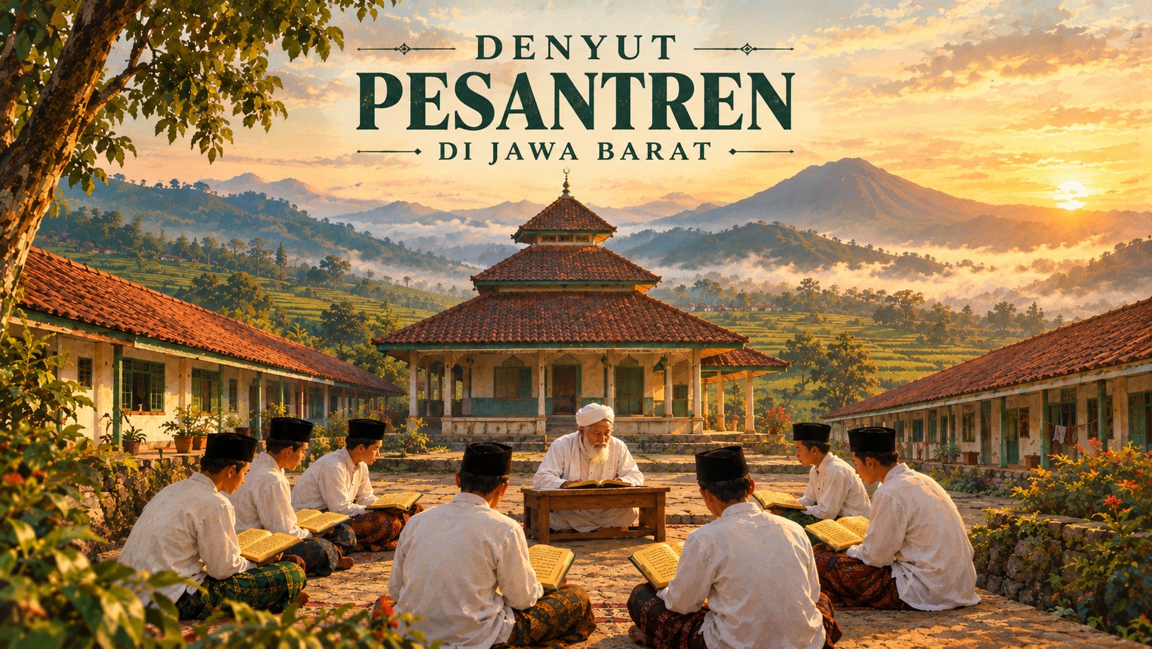Ilustrasi santri duduk melingkar mengaji kitab kuning bersama kiai di depan masjid beratap tajug, dengan sawah berundak dan perbukitan berkabut saat matahari terbit