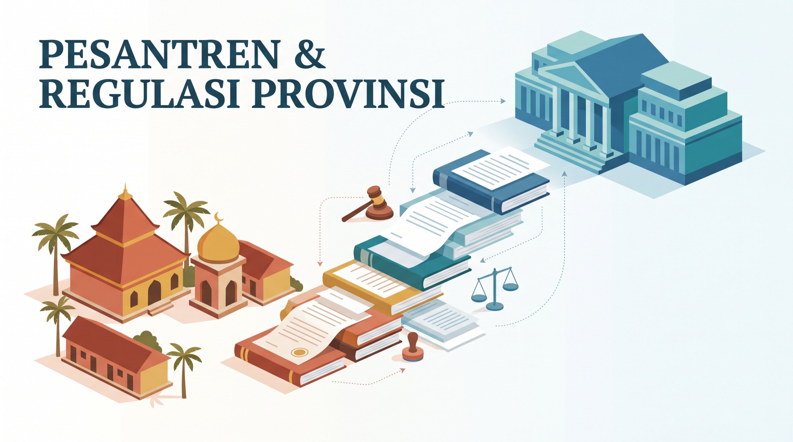Ilustrasi isometrik pesantren di sisi kiri dan gedung pemerintahan di sisi kanan, dihubungkan tumpukan buku dan dokumen hukum berundak dengan palu hakim, timbangan keadilan, dan stempel