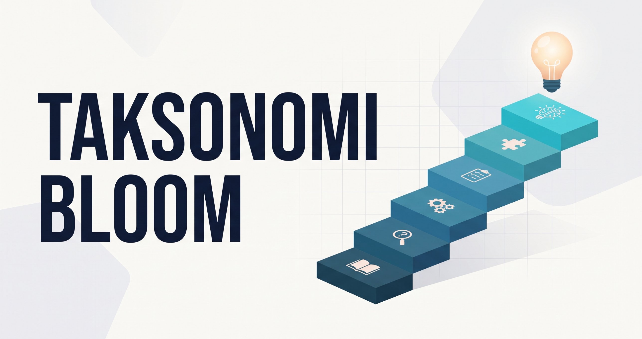 Tulisan TAKSONOMI BLOOM di samping tangga enam anak tangga berikon buku, kaca pembesar, roda gigi, daftar periksa, puzzle, dan otak, menuju bola lampu di puncak
